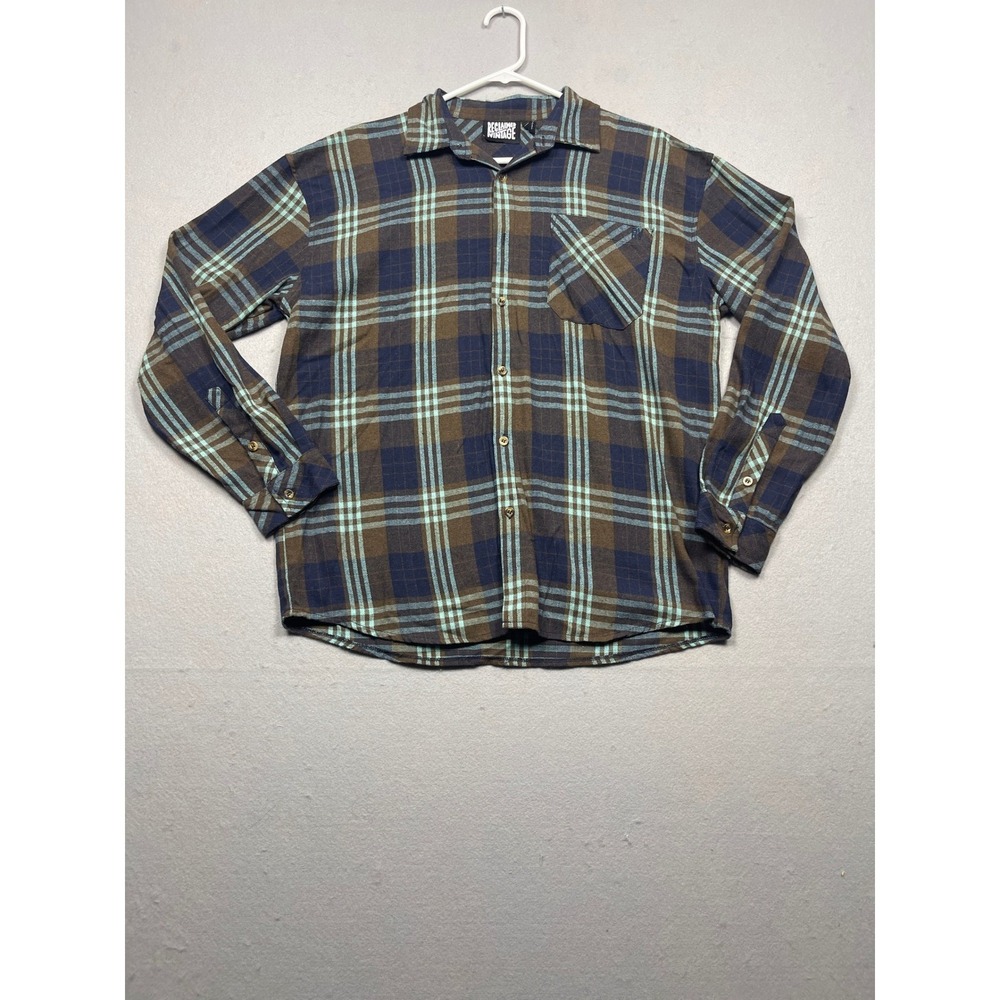 Reclaimed Vintage Mens Plaid Flannel Shirt Navy Blue Brown Teal Long Sleeve XL